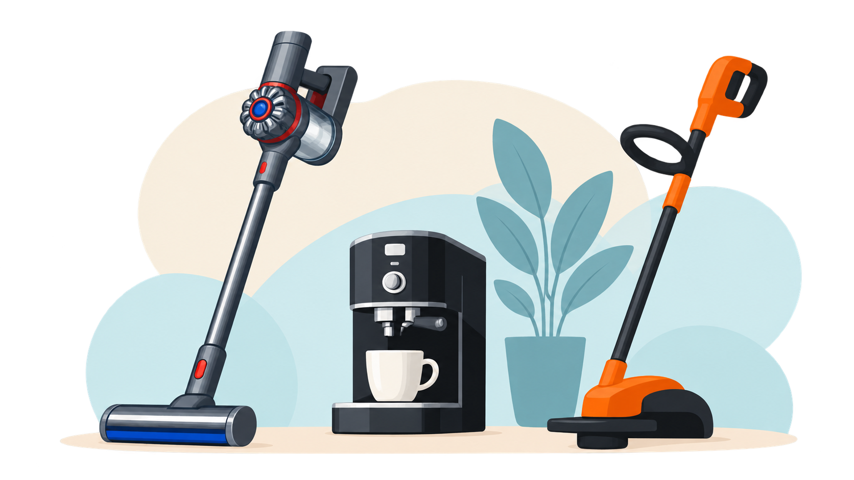 Decorative illustration of a vacuum, coffee maker and string trimmer